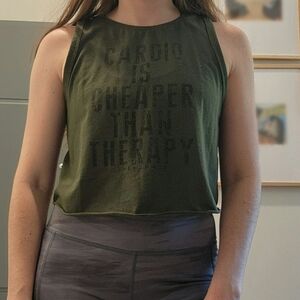 Olive Green Graphic Tank Top "Cardio Is Cheaper Than Therapy"